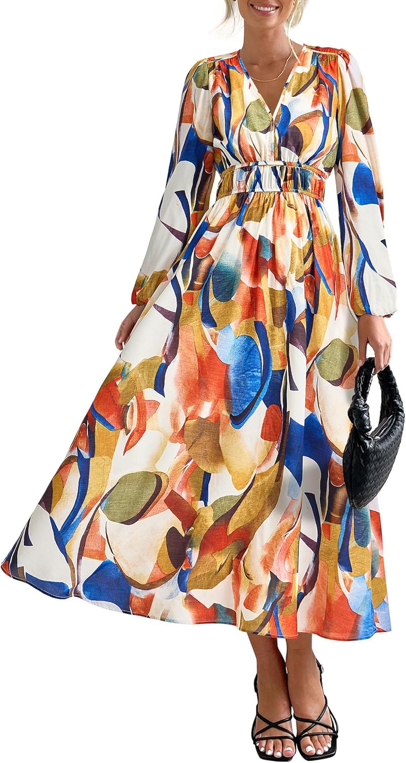 PRETTYGARDEN Women's 2024 Fall Boho Maxi Dress Casual Long Sleeve V Neck Printed...