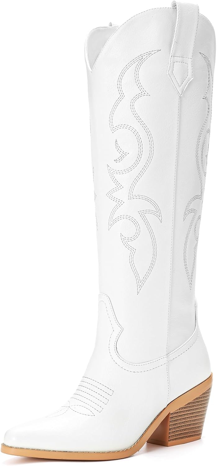 White Cowboy Boots for Women - Wide Calf Rhinestone Cowgirl Boots, Women Knee Hi...