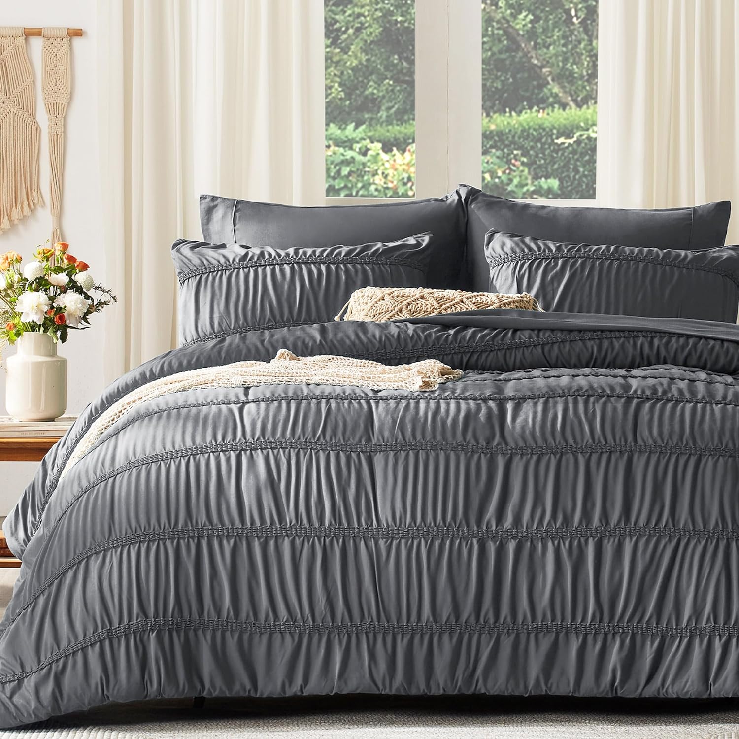 UNILIBRA Full Comforter Set with Sheets, 7 Pieces Boho Dark Grey Bed in a Bag Se...