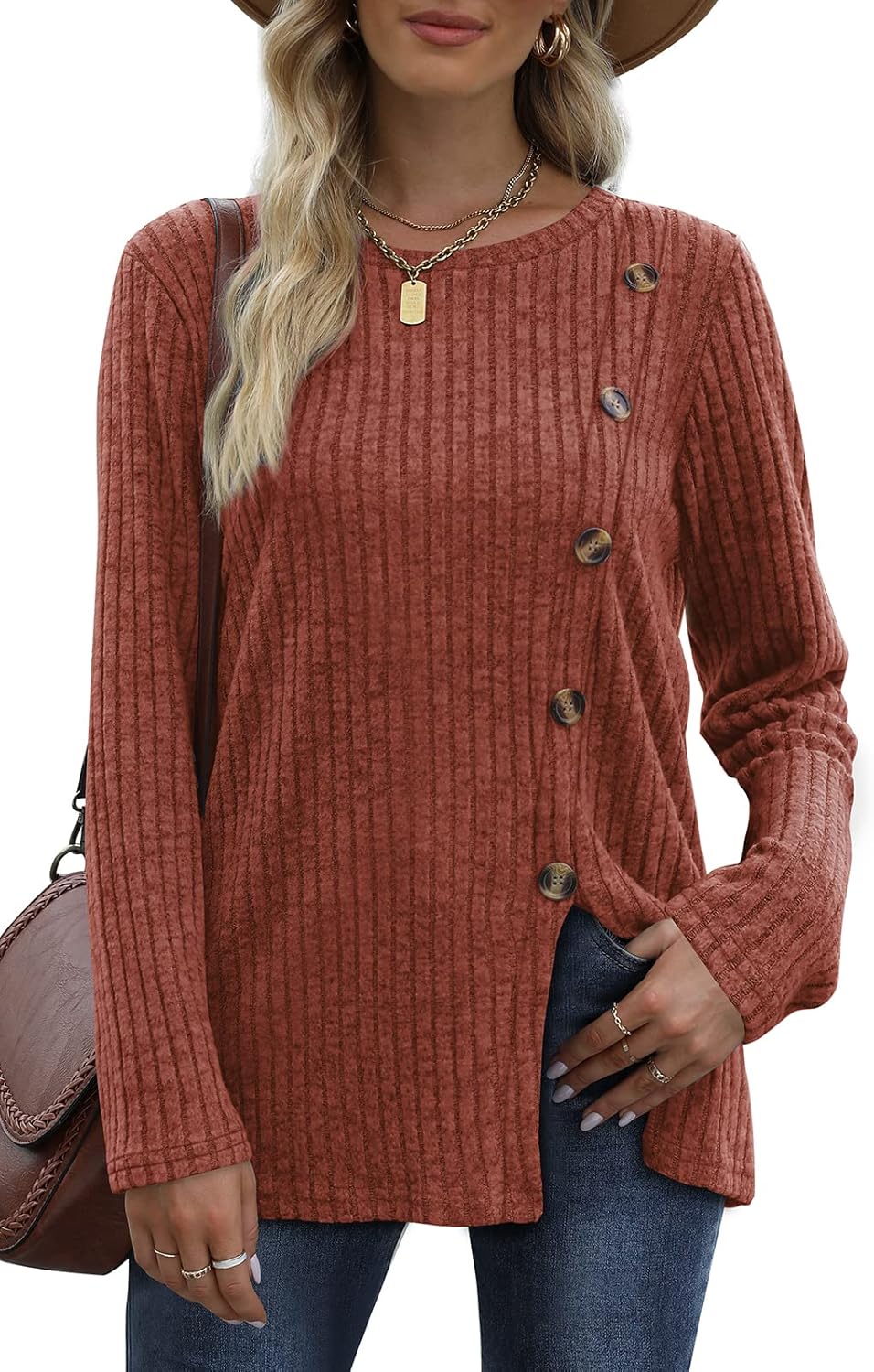 OFEEFAN Women's Long Sleeve Tunic, Special Tops with Crew Neck, Trendy Buttons S...