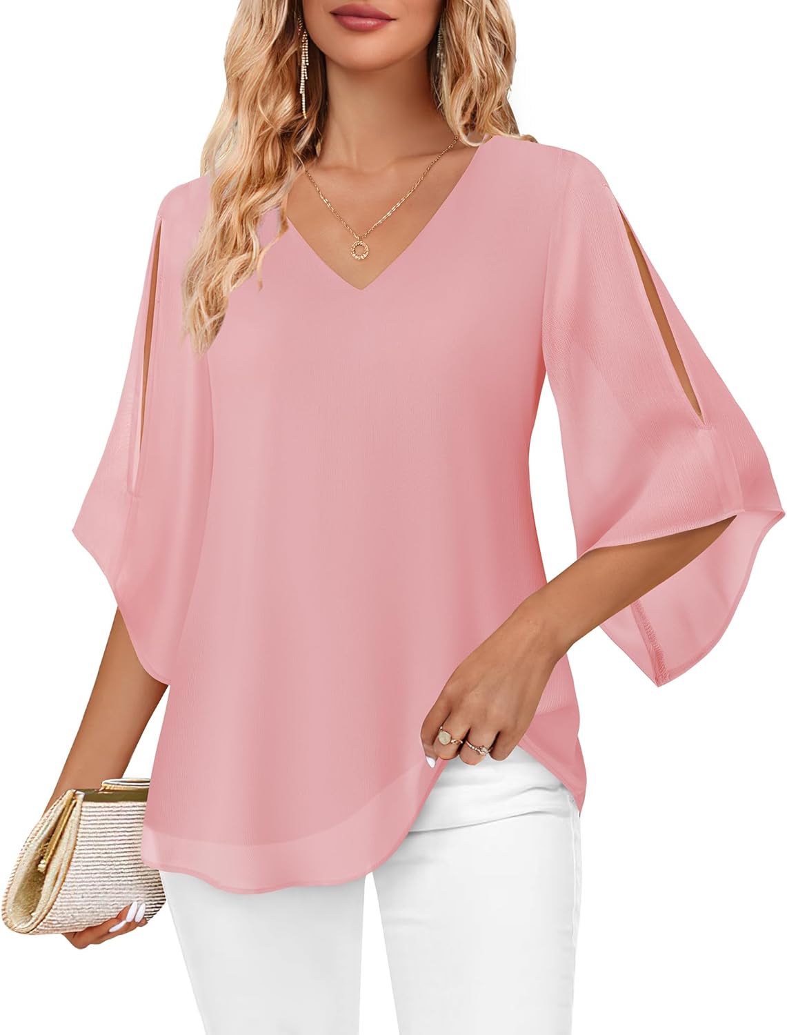 Bebonnie Womens Ruffle 3/4 Sleeve V Neck Double Layers Chiffon Blouses Dressy To...