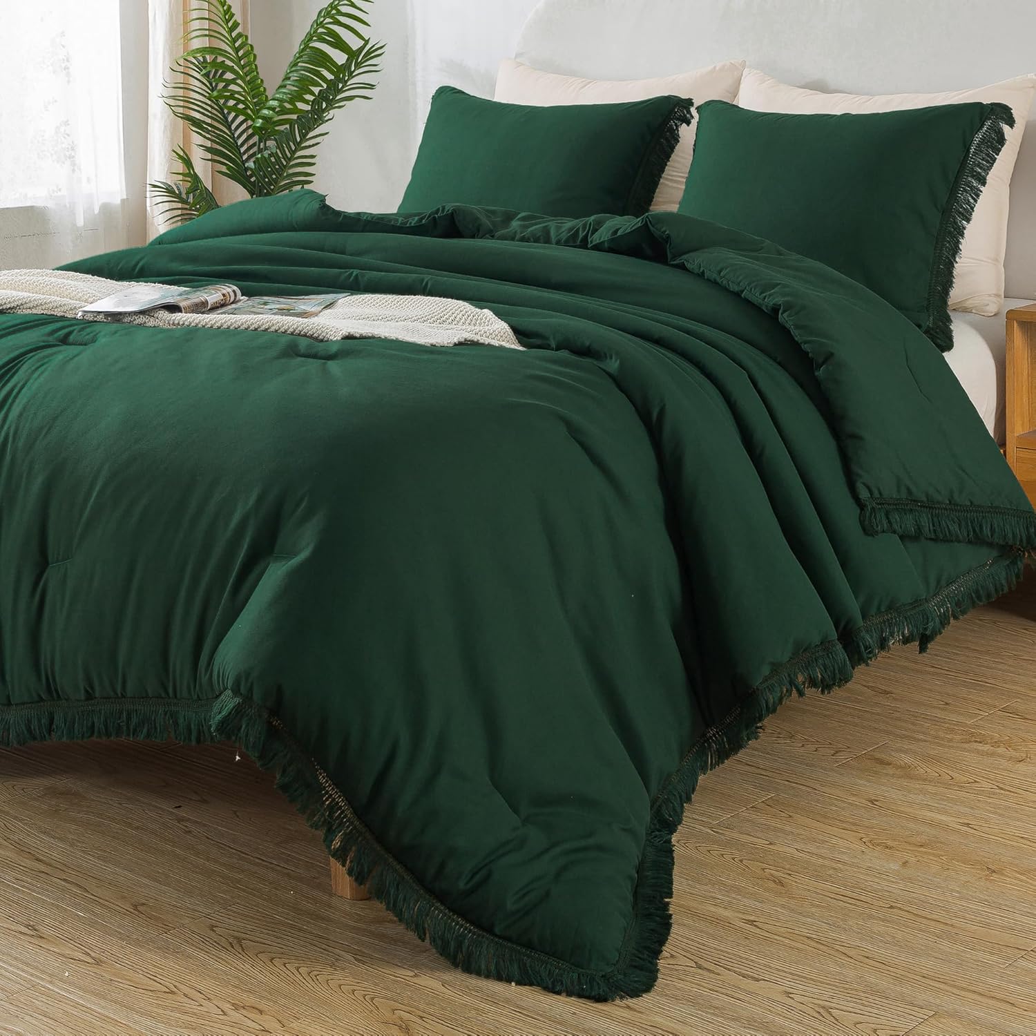Andency Dark Emerald Green Comforter Set, Special Boho Lightweight Tassel Forest...