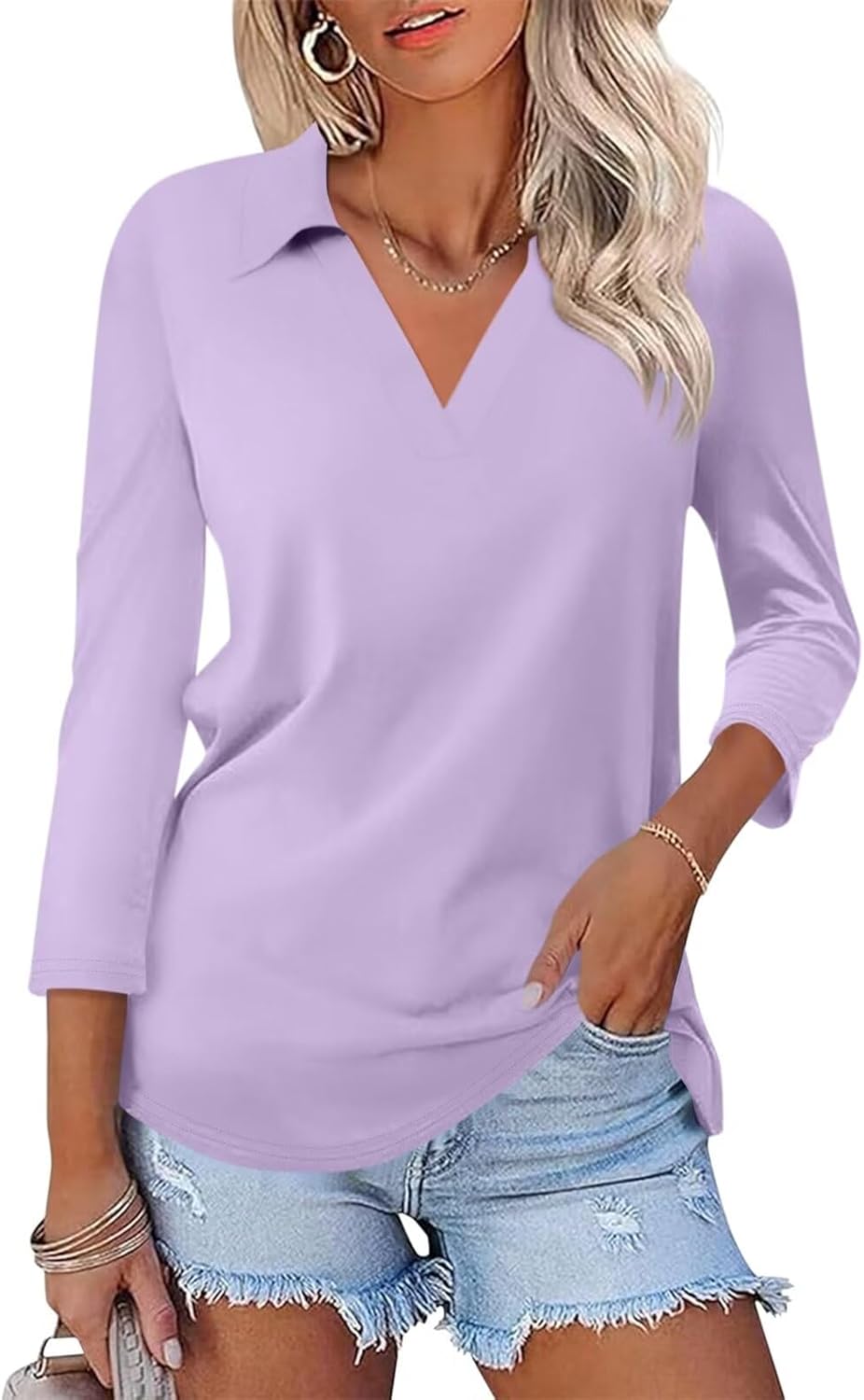 ORANDESIGNE Women's 3/4 Sleeves V Neck Polo Shirts Casual Summer Tops Basic Coll...