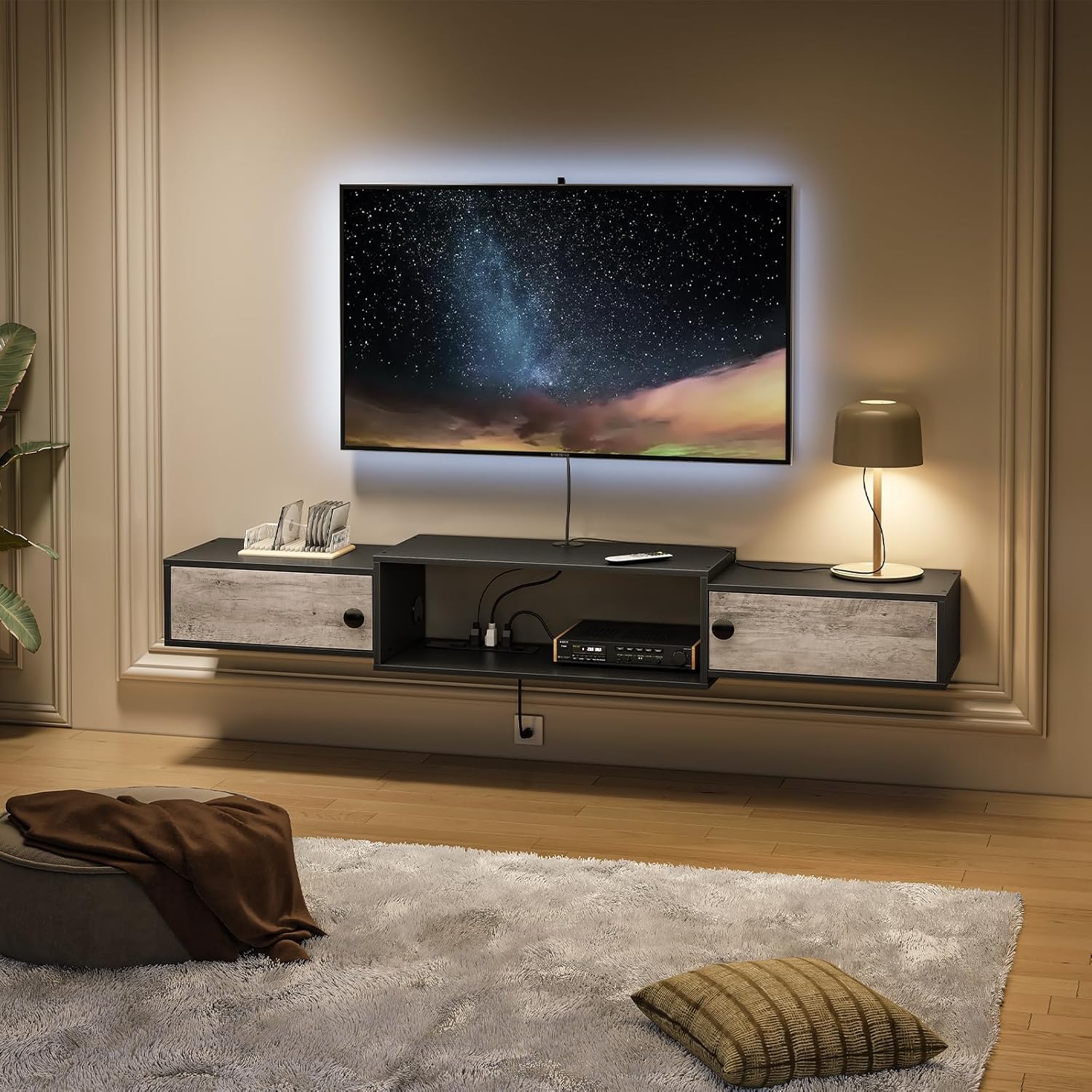 HOOBRO Floating TV Stand, Special Modern Wall Mounted Media Console Shelf with D...