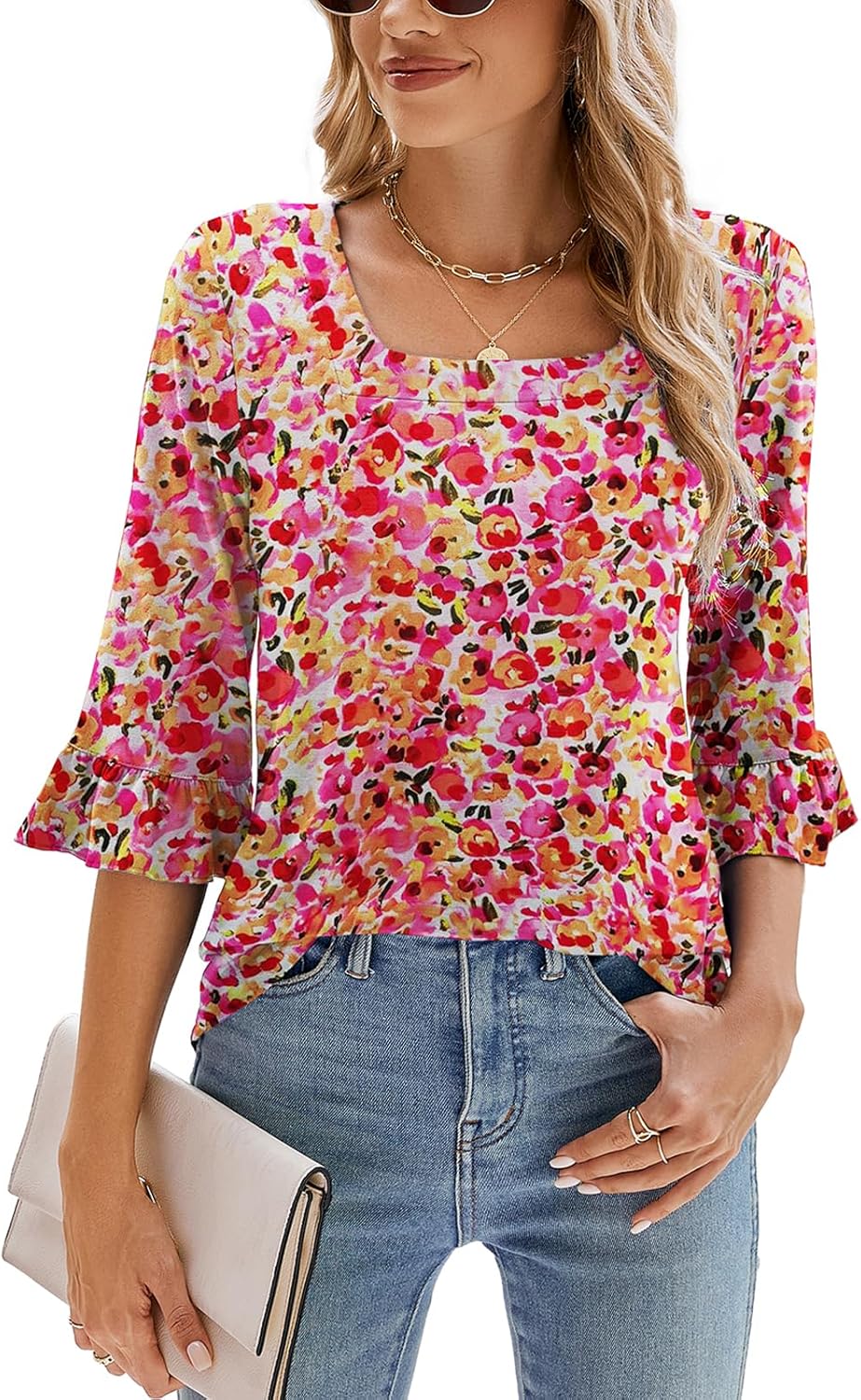 Poetsky Women's Casual 3/4 Sleeve Tops Summer Square Neck T Shirts Ruffle Loose...