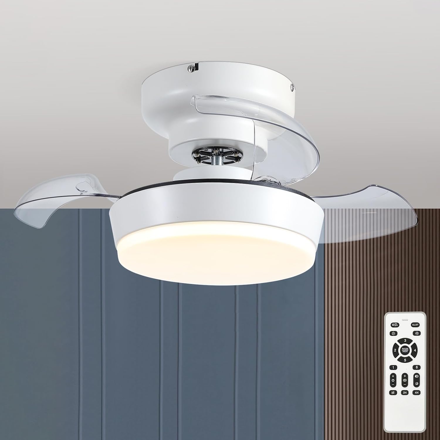 Low Profile Ceiling Fan with Lights, 24" Small Retractable Blades Ceiling Fans w...