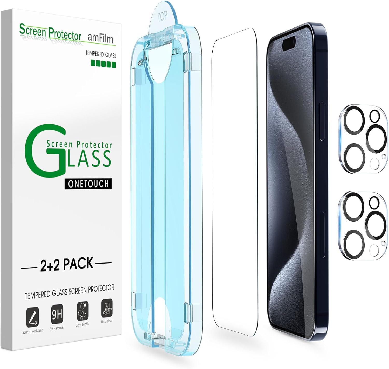 amFilm OneTouch 2+2 Pack Compatible with iPhone 15 Pro Max Screen Protector 6.7"...