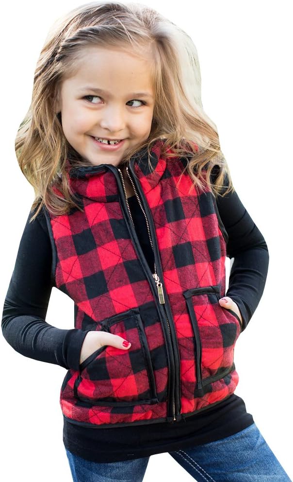 Ivay Girls Vest, Special Buffalo Cotton Plaid Quilted Vest, Cute Puff Lined Gile...