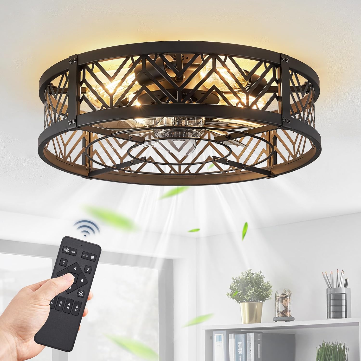 LEDIARY 20" Caged Ceiling Fan with Light, Small Flush Mount Ceiling Fan with Rem...