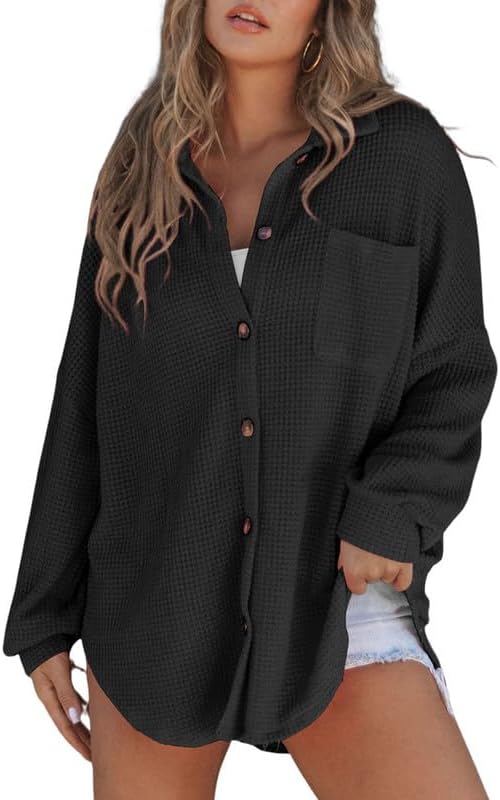 SHEWIN Women's Waffle Knit Button Down Shirts, Special Long Sleeve Shacket Jacke...