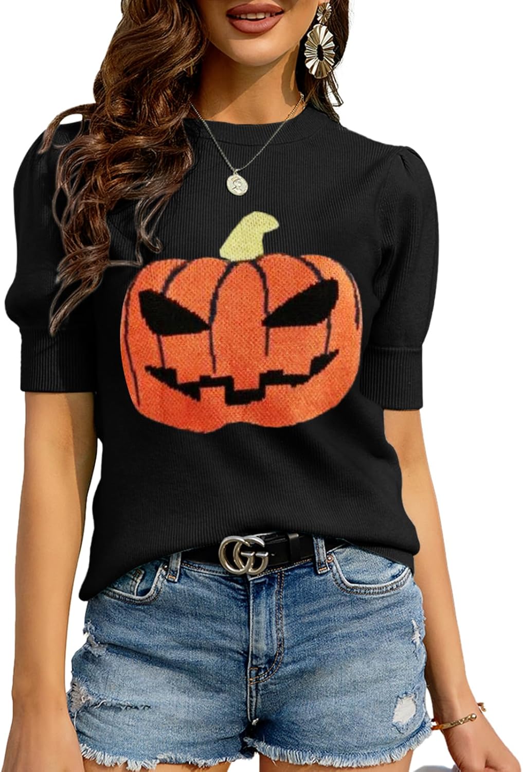 Zbyclub Womens Puff Short Sleeve Sweaters Pullover Shirt Tops Crew Neck Lightwei...