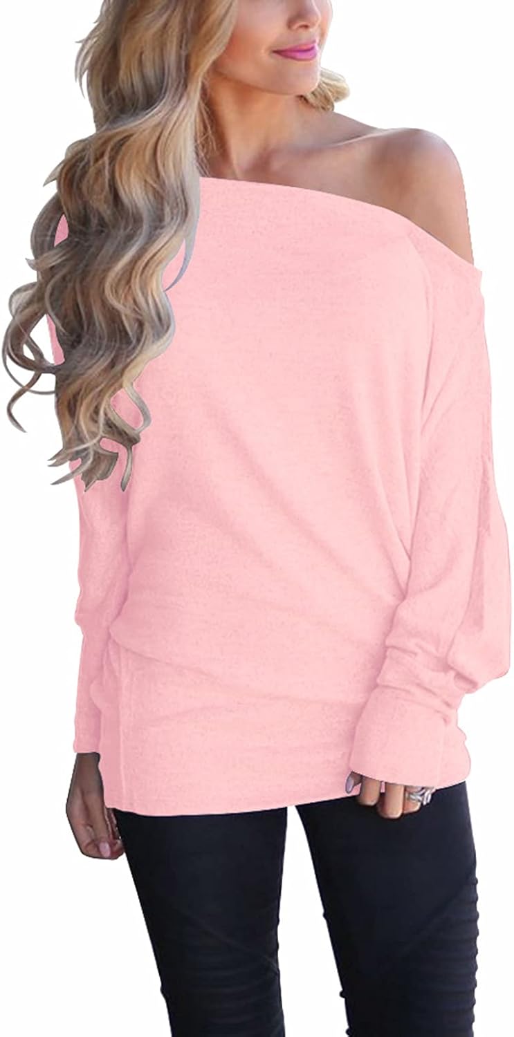 INFITTY Women's Off Shoulder Tops Casual Loose Batwing Sleeve Shirts Tunic Knit...
