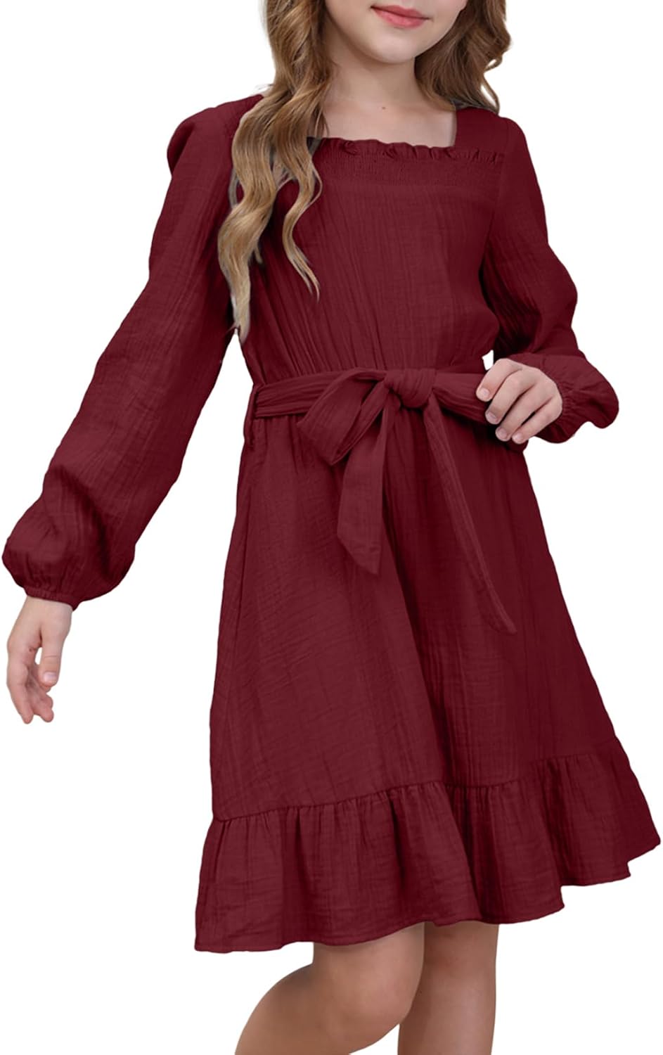 blibean Girls Cotton Long Sleeve Dresses Ruffled Semi Formal Dress Size 6-15 Yea...