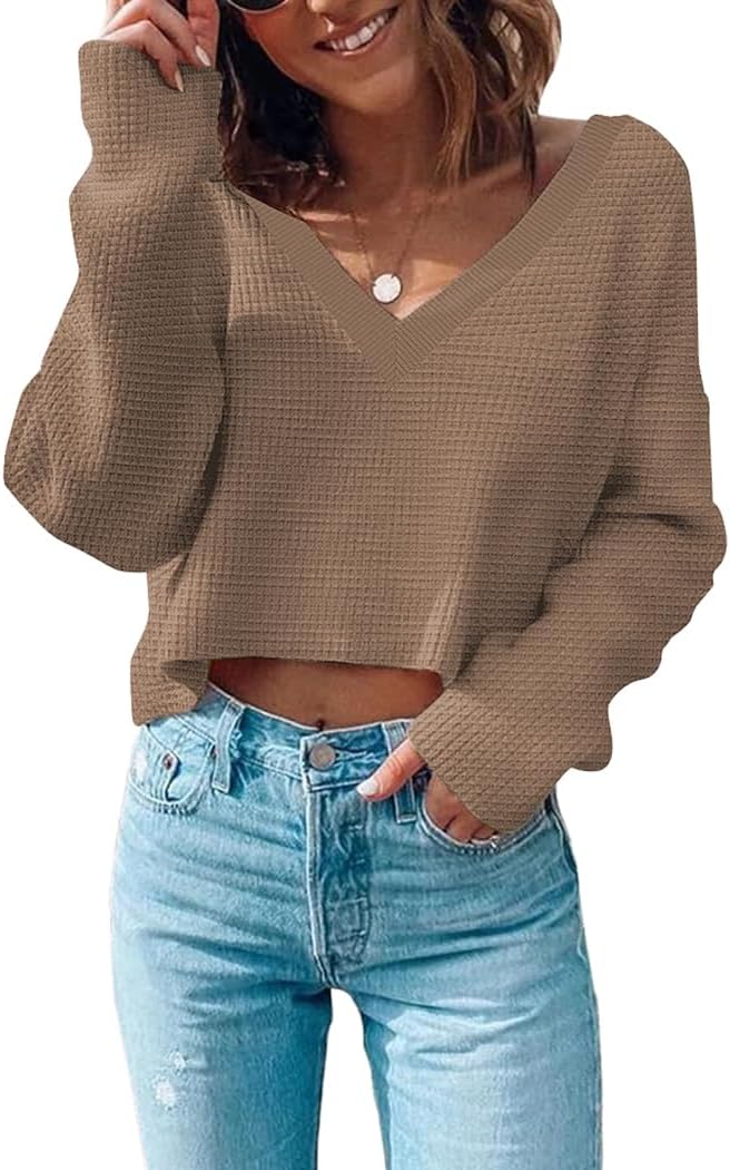 Poetsky Womens V Neck Waffle Knit Cropped Top Long Sleeve Pullover Sweater Casua...
