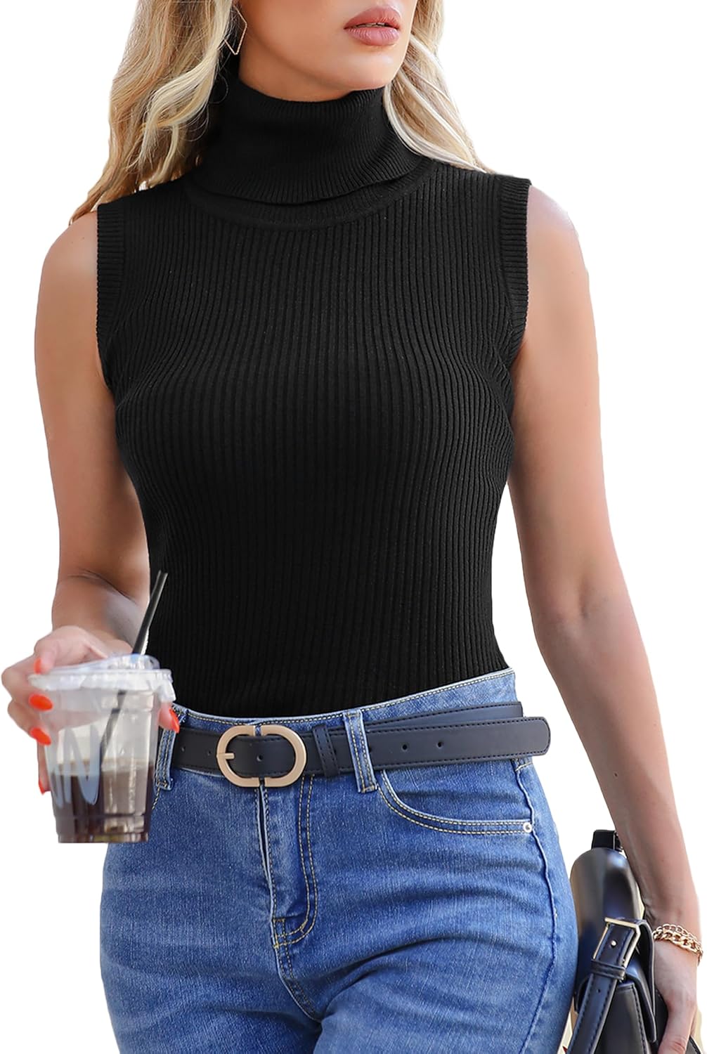 Totatuit Women's Spring Sleeveless Turtlenecks Tops Mock Neck Ribbed Solid Pullo...