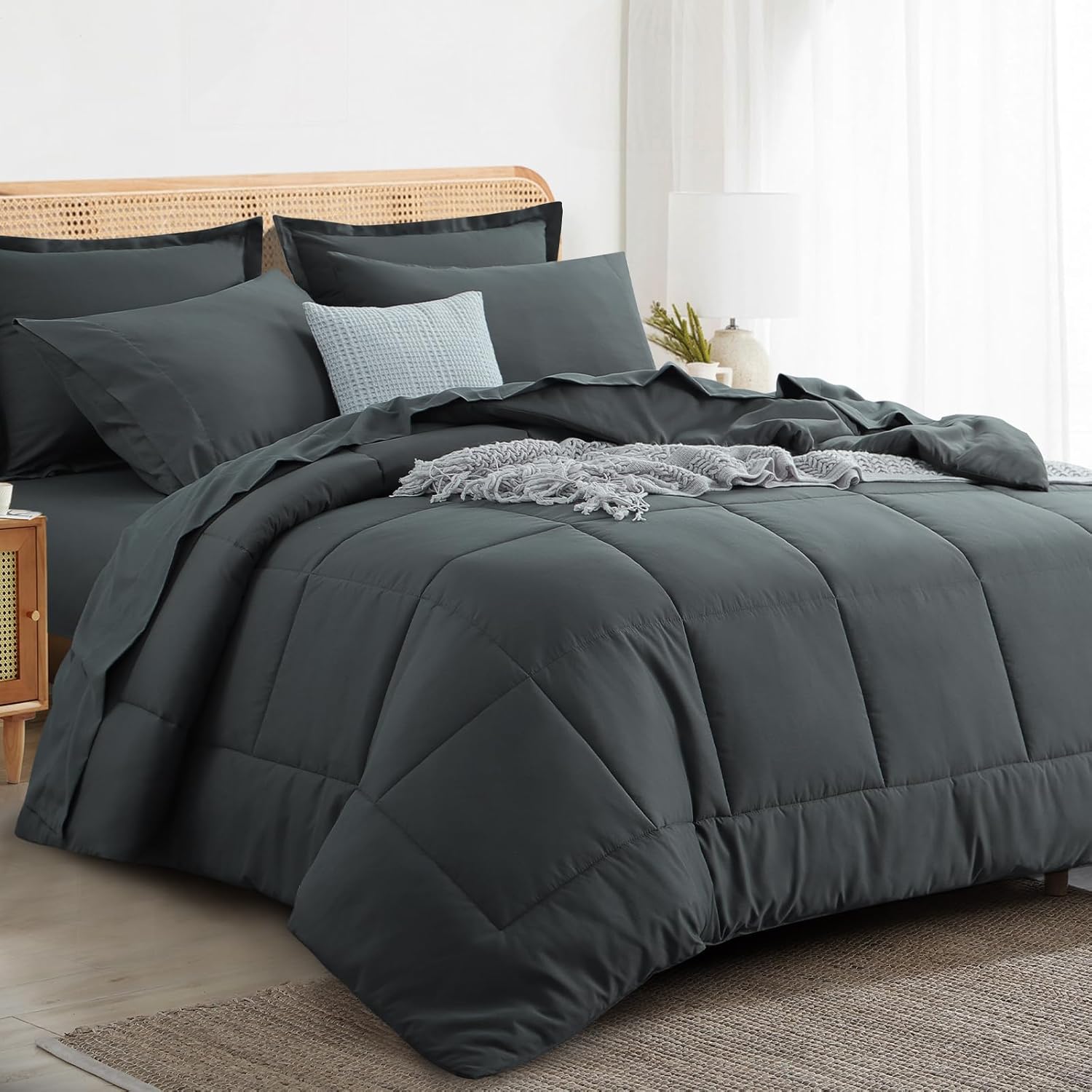 RUIKASI Queen Bed Comforter Set with Sheets - 7 Pieces Dark Grey Queen Bedding S...