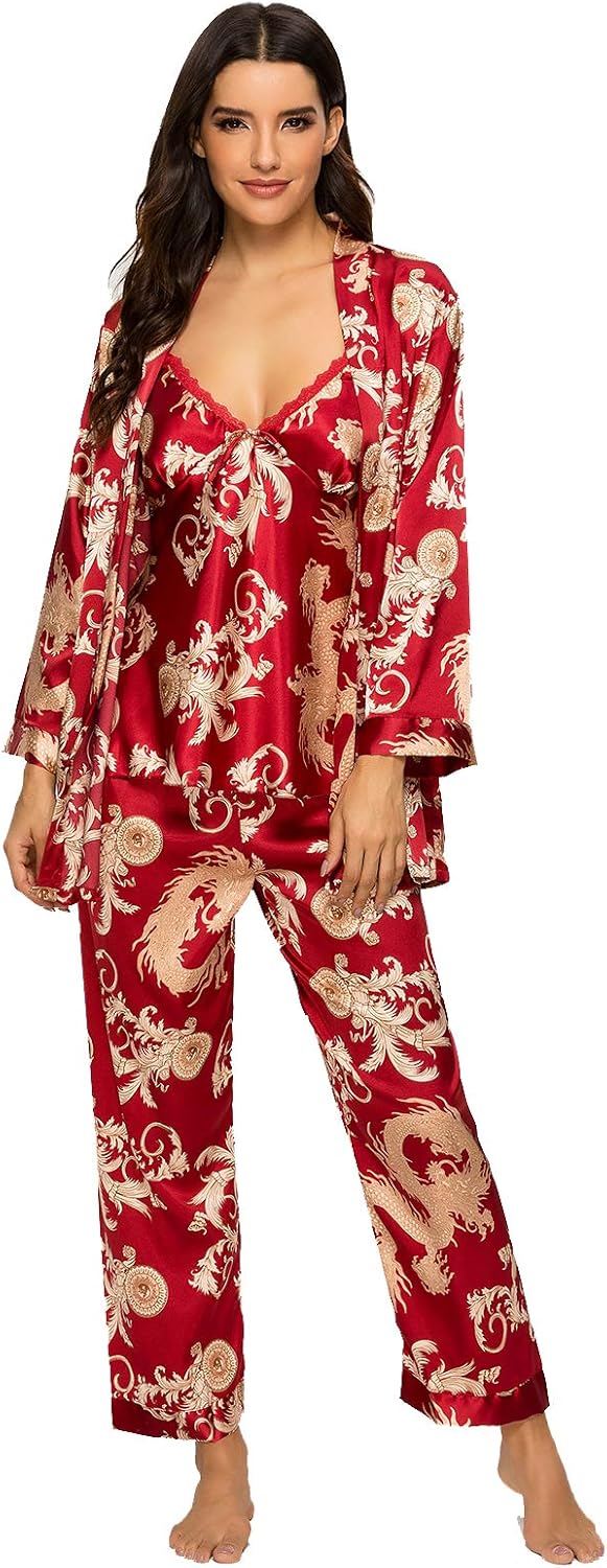 Escalier Women's Silk Satin Pajamas Set 3 Pcs Floral Silky Pj Sets Sleepwear Cam...