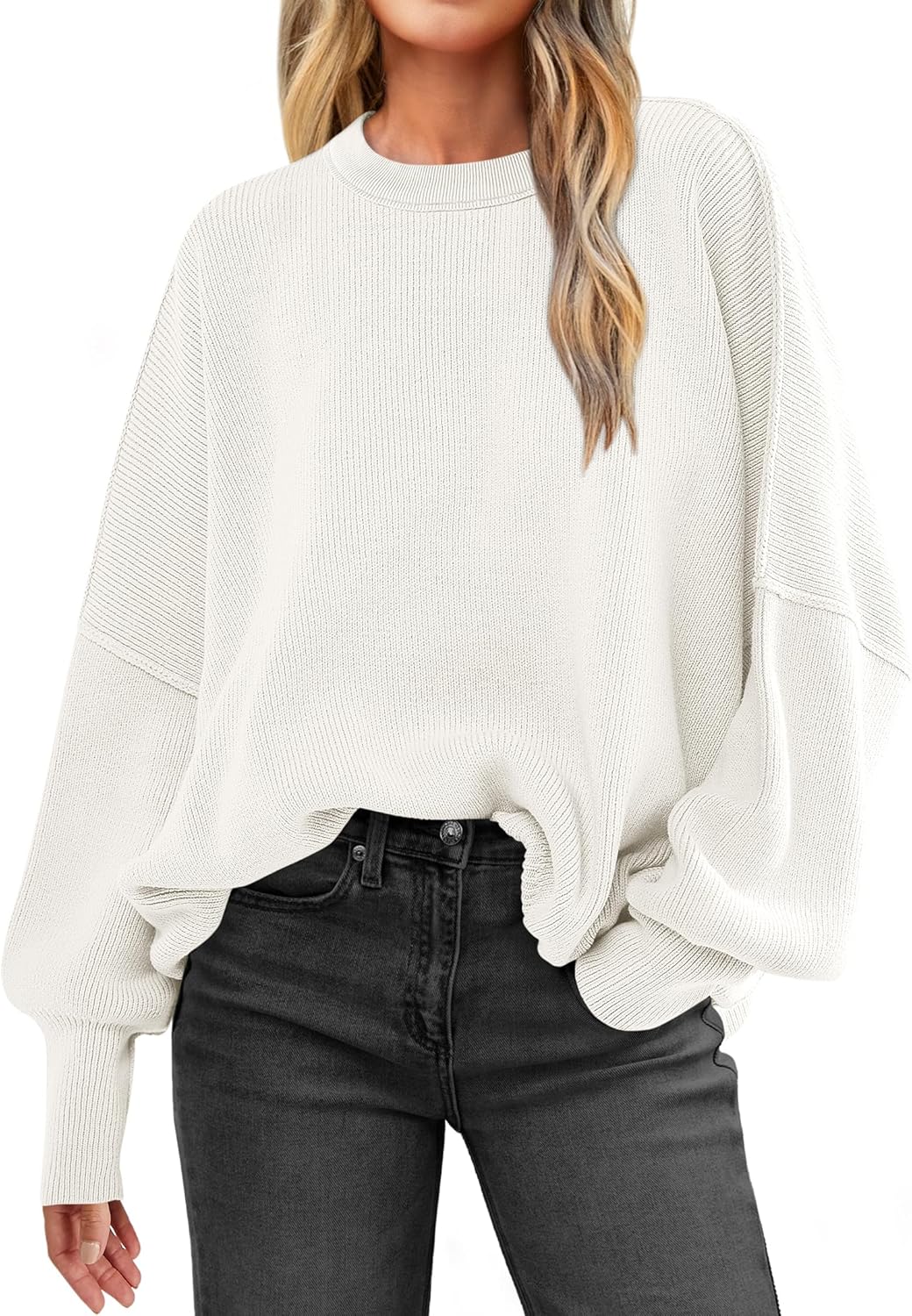 LOGENE Women's Oversized Batwing Long Sleeve Crewneck Side Slit Ribbed Knit Pull...