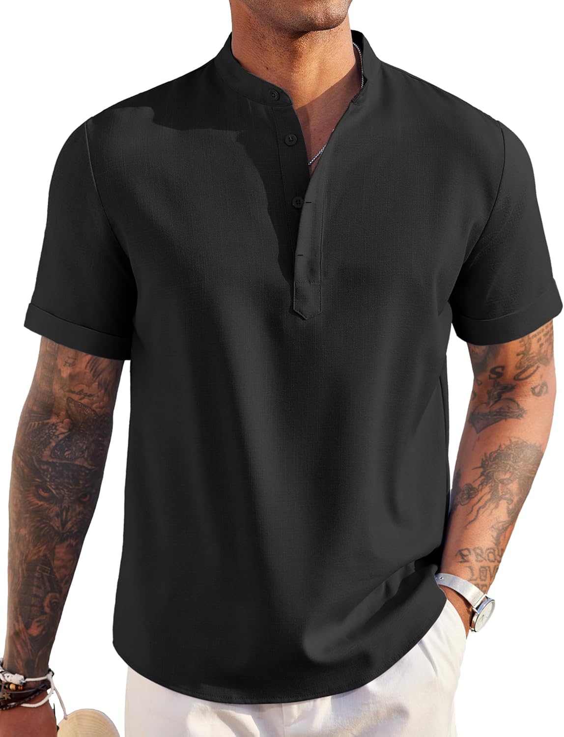 COOFANDY Men's Linen Henley Shirt, Special Short Sleeve Casual Summer Beach T-Sh...