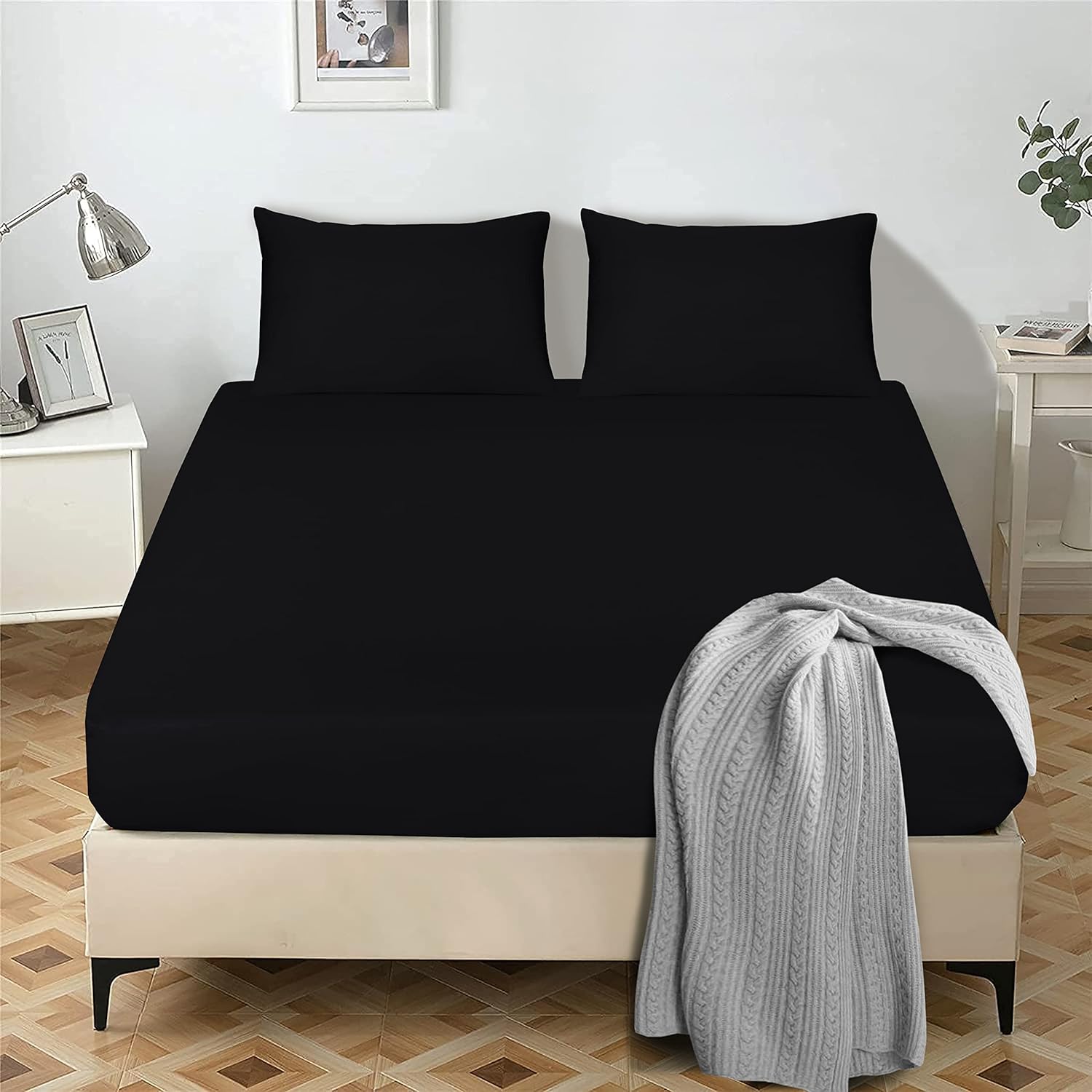 My Home Store Black Fitted Sheet, Special Fitted Bed Sheets with 25 cm Deep Brus...
