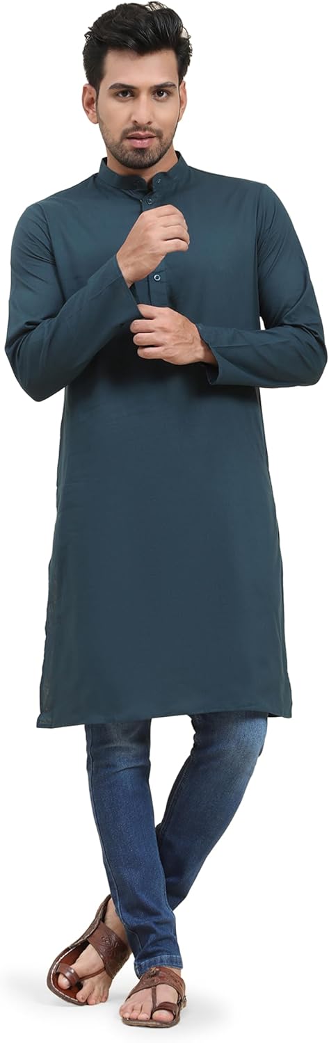 SKAVIJ Mens Cotton Kurta Casual Long Sleeve Henley Shirt Band Collar Kaftan Robe...