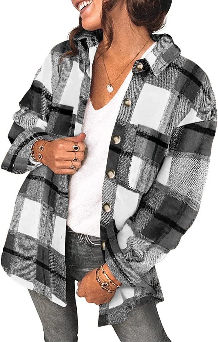 SHEWIN Women's Long Sleeve Shirt, Special Plaid Flannel Lapel Button Down Shacke...
