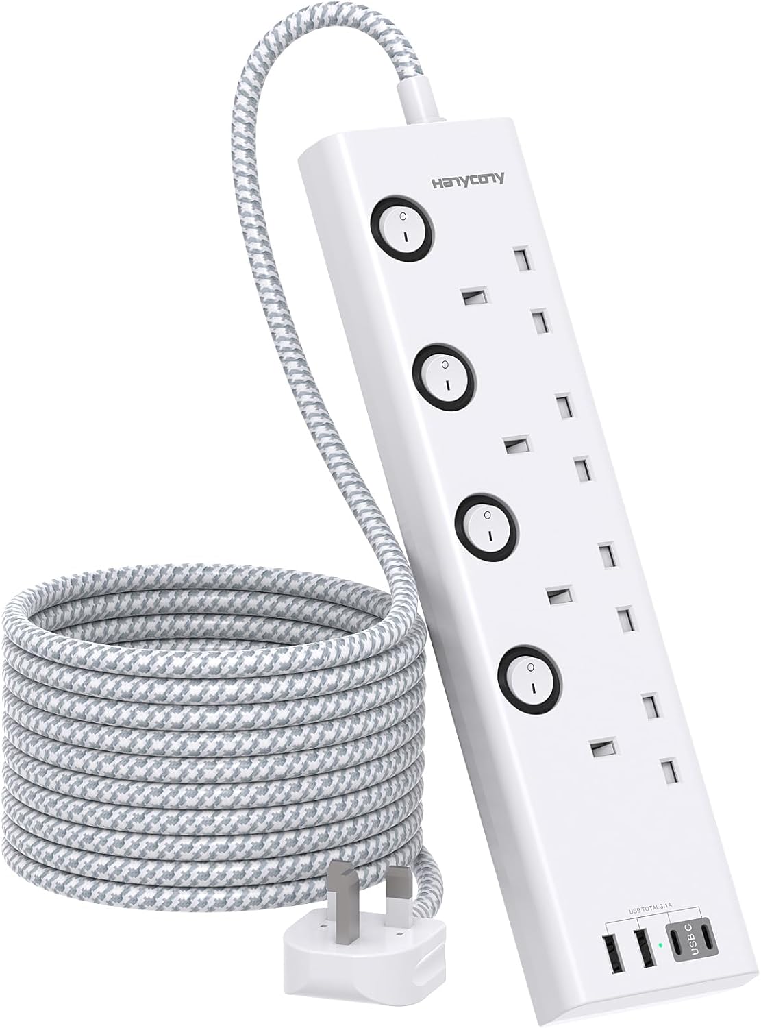 3M Extension Lead, 4 Way Extension Socket with 4 USB Slots(2 USB C), Individuall...