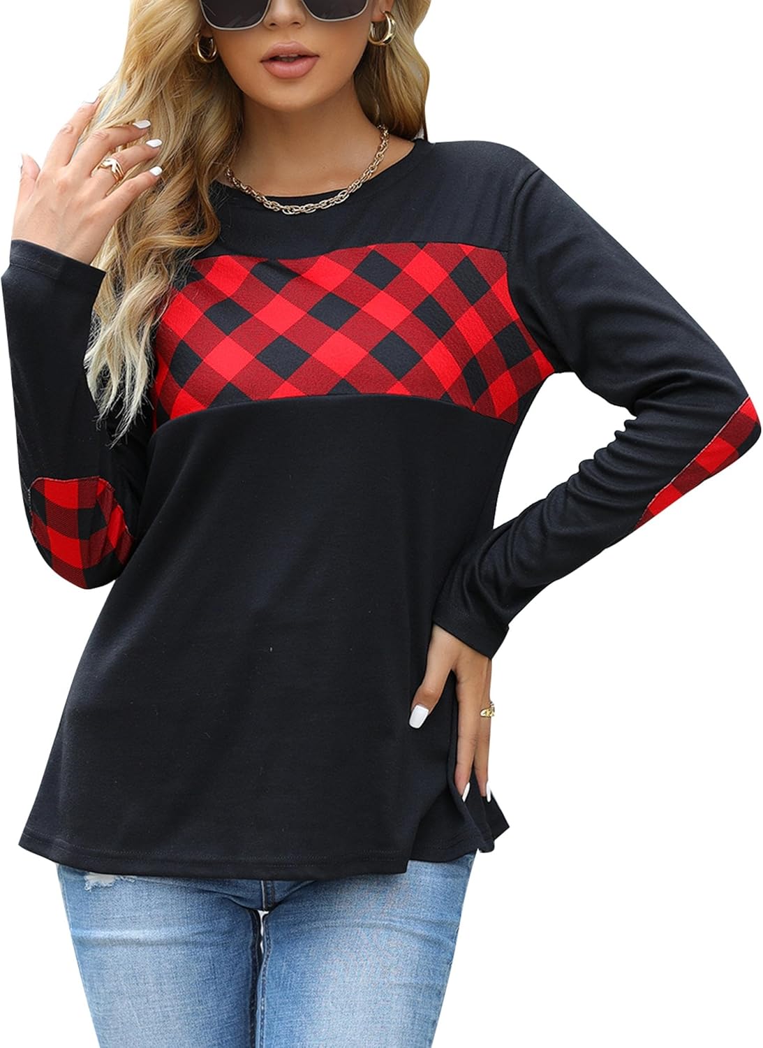 Blooming Jelly Women's Long Sleeve Tunic, Special Color Block Shirt Crewneck Cas...
