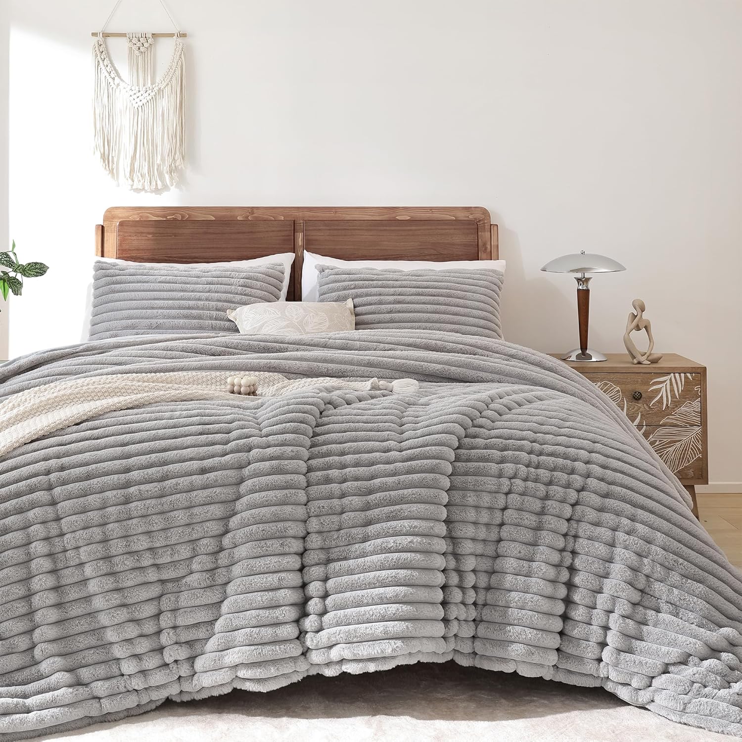 Smoofy Fluffy King Size Comforter Set 3 Pieces - Lightgrey Fleece Fluffy Comfort...