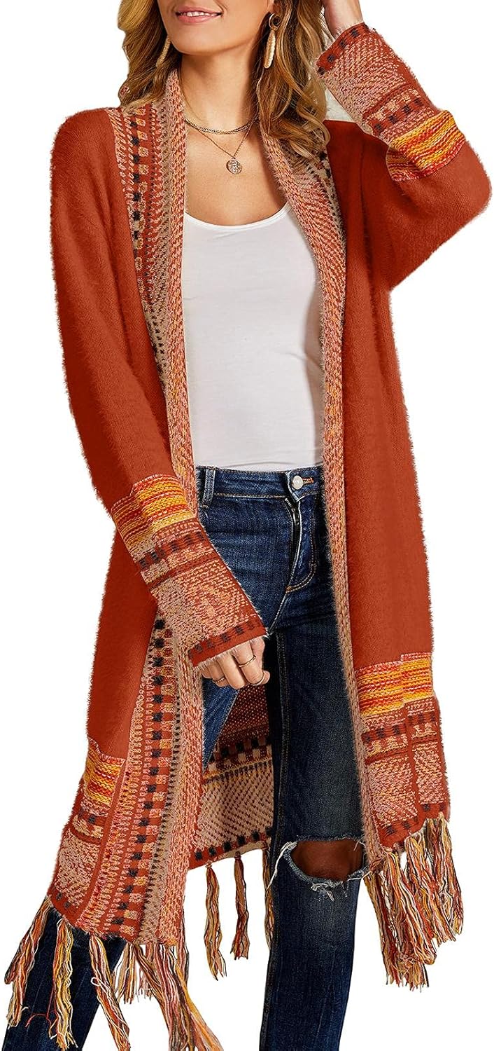 FERBIA Women Boho Cardigan Sweater Long Open Front Maxi Knit Sweaters Aztec Trib...