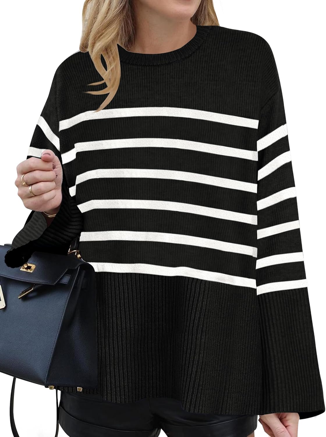 ZESICA Women's Sweater, Special Striped Long Sleeve Crew Neck Knit, Innovative R...
