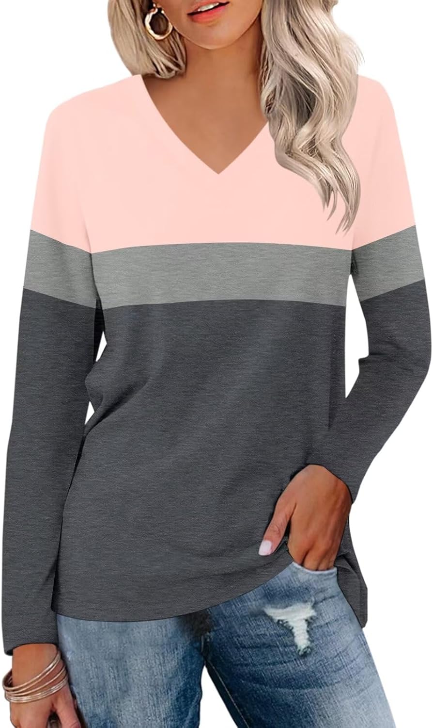 ORANDESIGNE Women's Long Sleeve Color Block Tunics Tops V Neck Casual Cute Shirt...