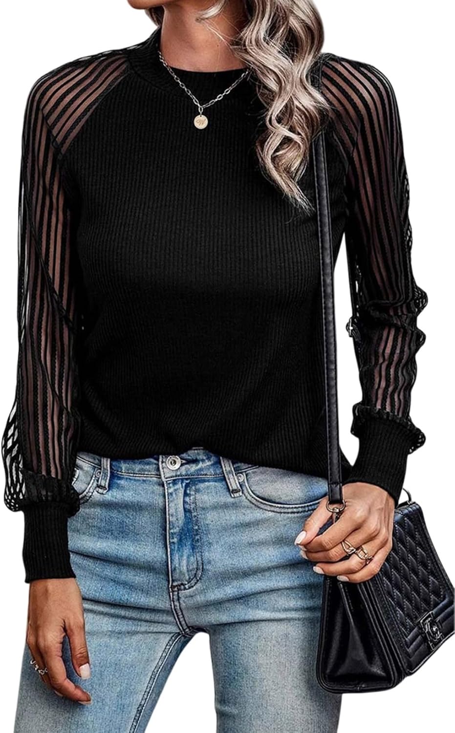 Dokotoo Womens Fall Crewneck Mesh Lace Long Sleeve...