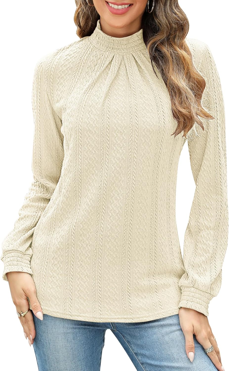 Micoson Womens Mock Neck Blouses Pleated Textured Shirts Long Sleeve Stretch Cas...