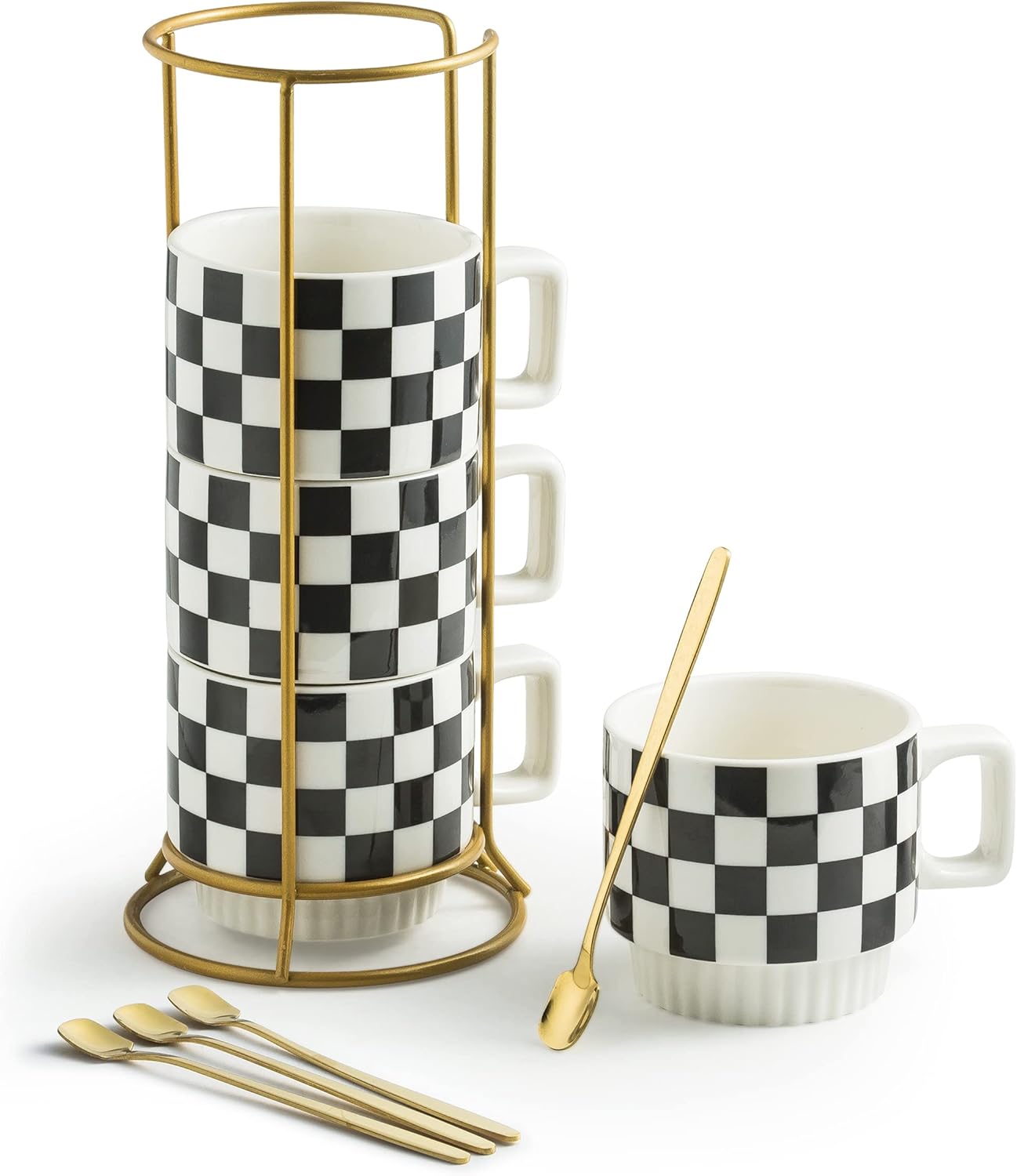 Stackable Coffee Mug Set, High-Quality Coffee Mug Set of 4 with Rack, Unique 11...