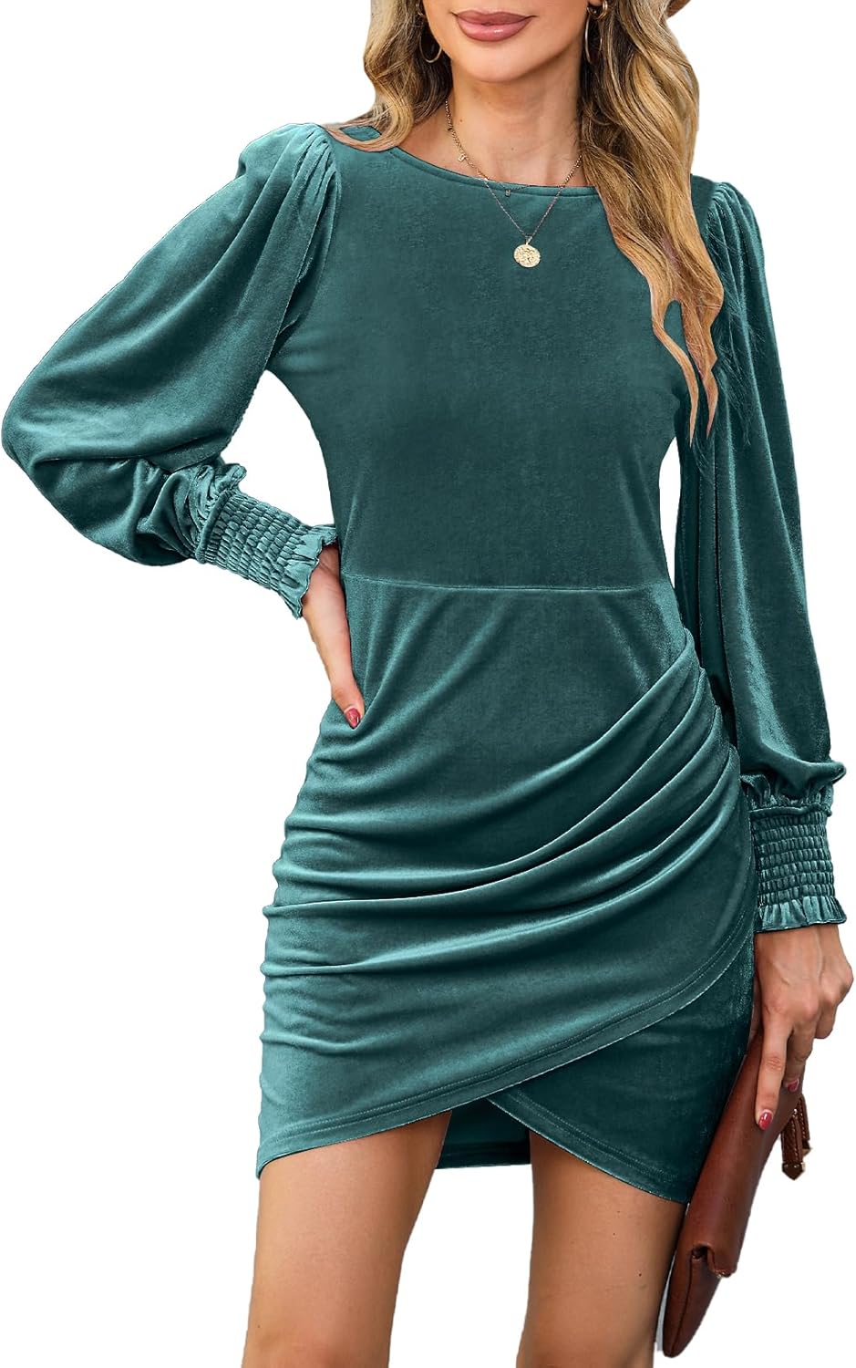 YIJIU Women Long Sleeve Velvet Dress Crew Neck Slim Fit Short Ruched Bodycon Coc...