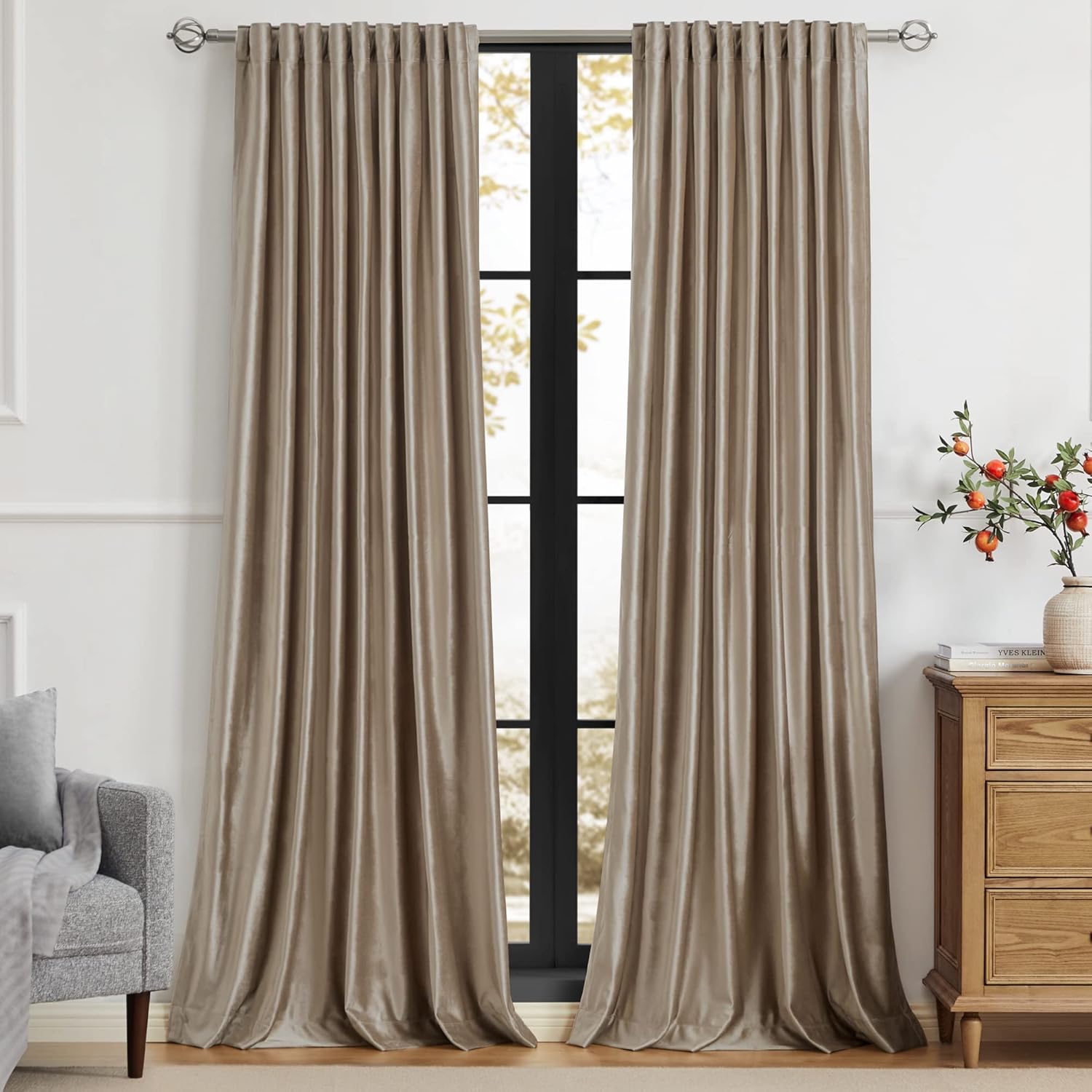 PRIMROSE Taupe Curtains 108 inch for Living Room,2 Panels Velvet Drapes Blackout...