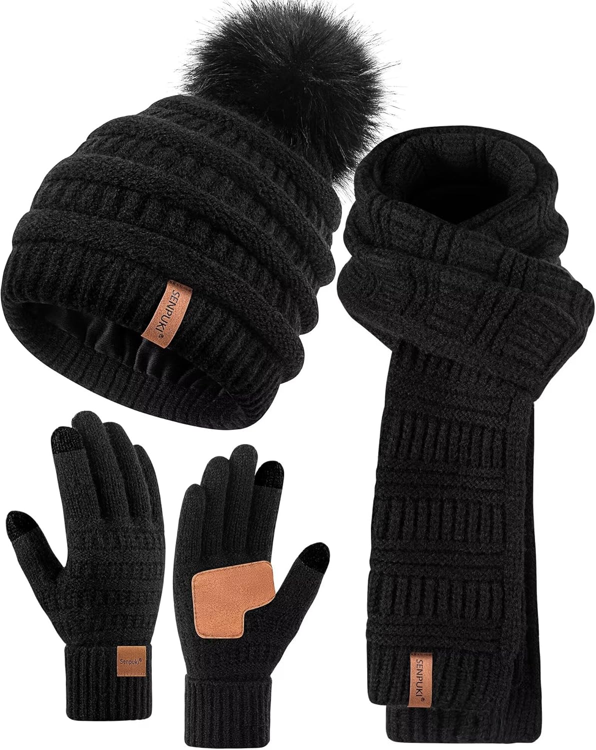 Womens Winter Beanie Scarf Gloves Set, Special Pom Pom Hat with Warm Fleece Line...