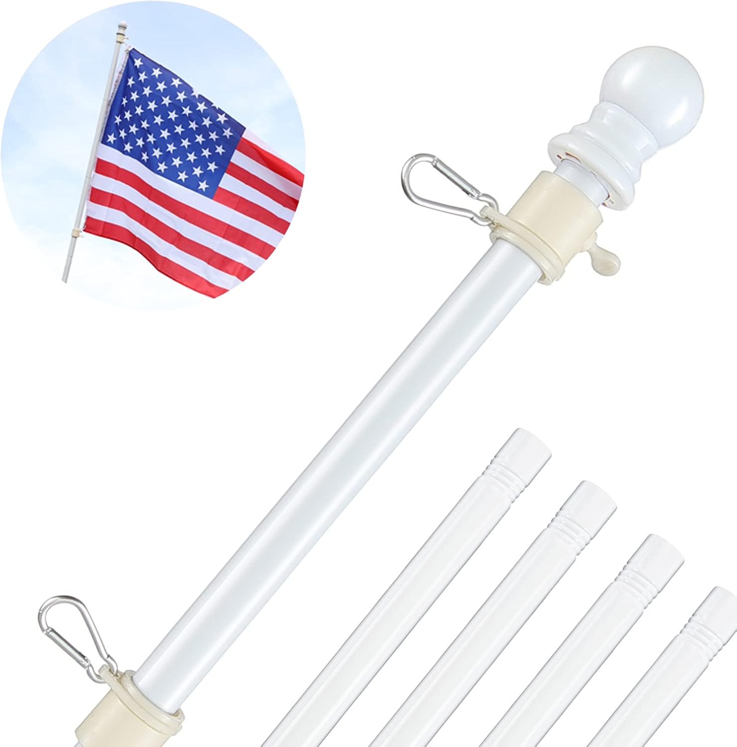 White Flag Poles for Outside House - 5ft Tangle Free Flag Pole for House,Heavy D...