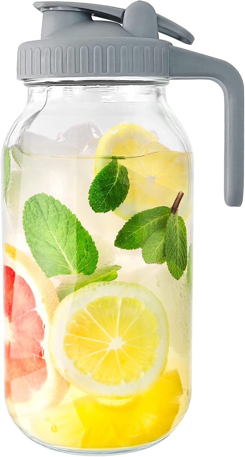 Glass Mason Jar Pitcher, 64 oz Wide Mouth Jug with Pour Spout Handle Lid for Col...