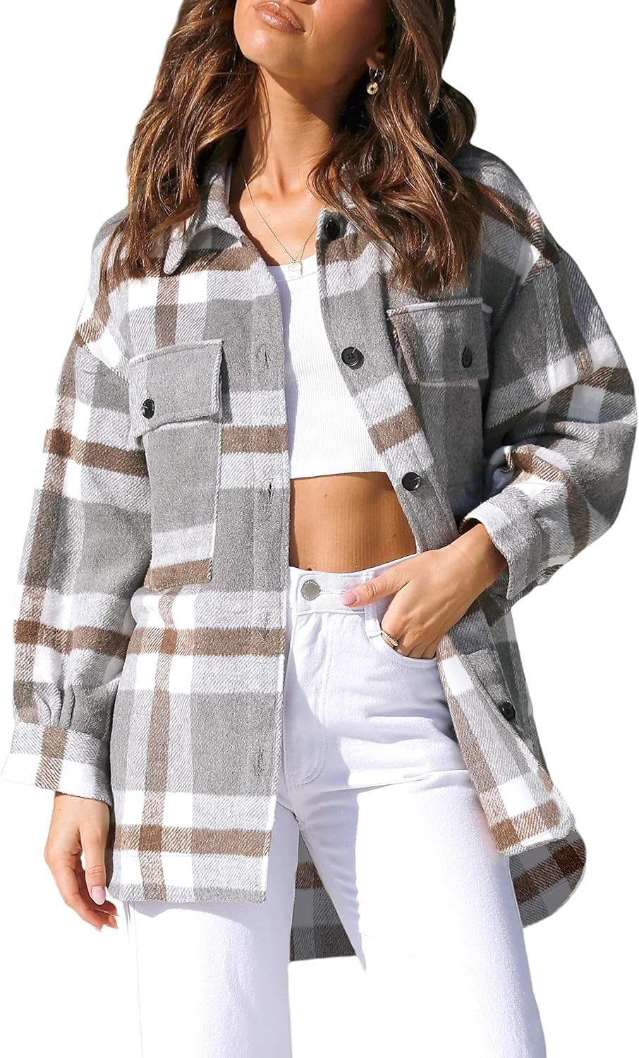Yeokou Women's Fall Color Block Plaid Flannel Shacket, Special Women's Button Do...