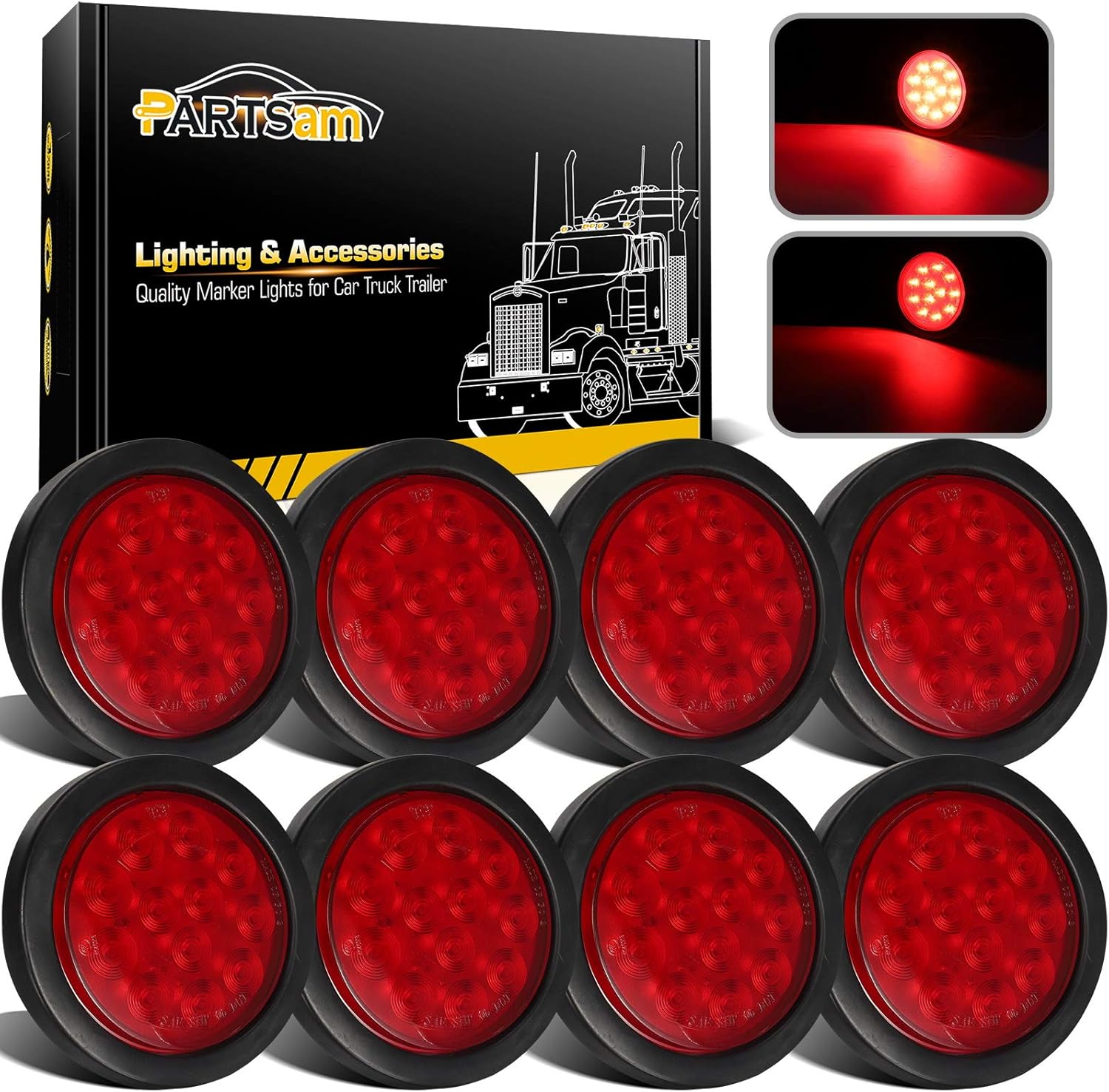 Partsam 8Pcs 4" Round Red LED Trailer Tail Light, 4 Inch Round Led Stop Turn Tai...