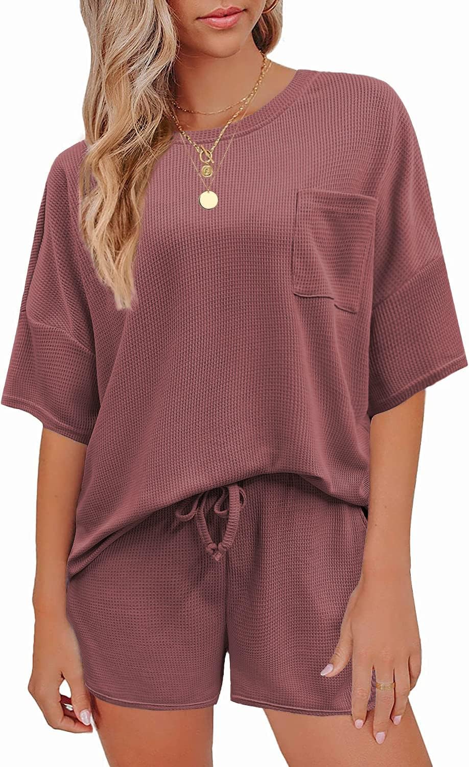 Andeip Pajamas, Unique Womens Waffle Knit Lounge Set, Special Short Sleeve Top a...