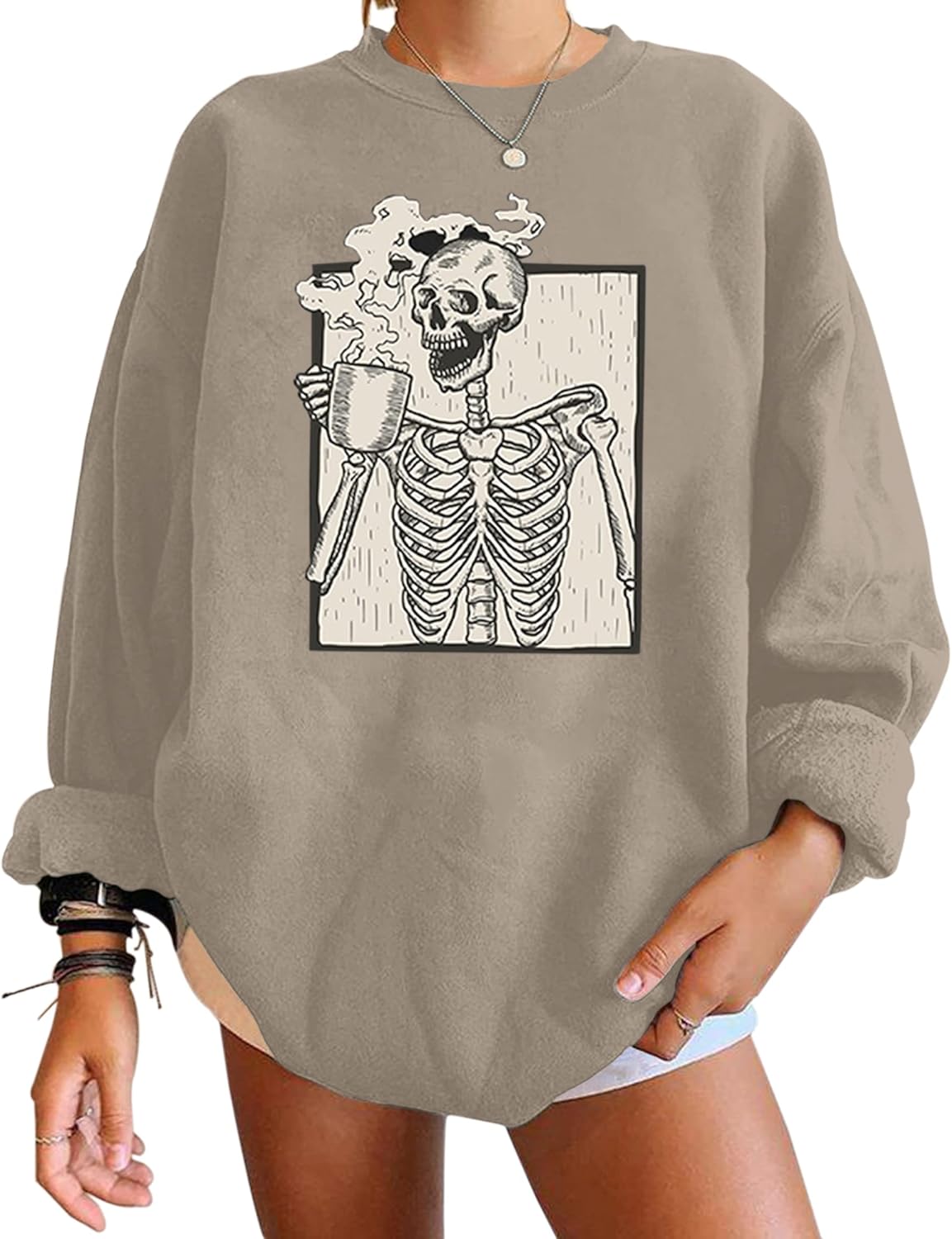 Meladyan Halloween Skull Graphic Print Fleece Sweatshirt, Special Oversized Swea...