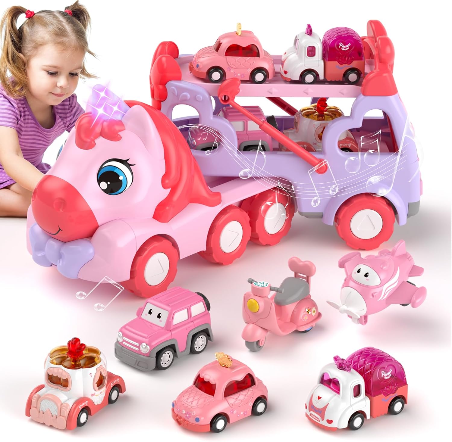 7 in 1 Carrier Truck Cars for Toddlers Girl Toys, Unicorn Gifts for Girl Toys fo...