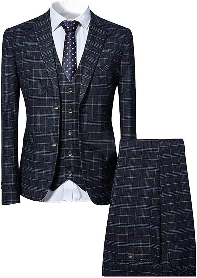 Cloudstyle Mens 3 Piece Slim fit Checked Suit Blue/Black Single Breasted Vintage...