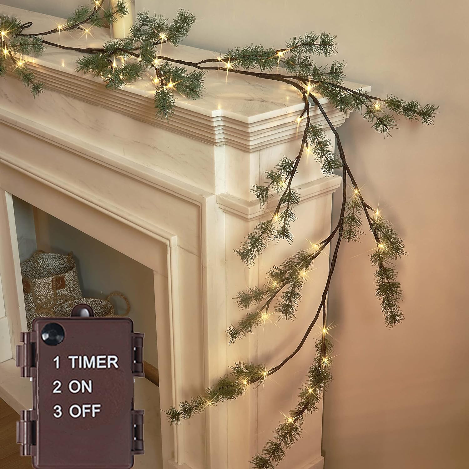 LITBLOOM Lighted Christmas Pine Garland Battery Operated with Timer 6FT 48 Warm...