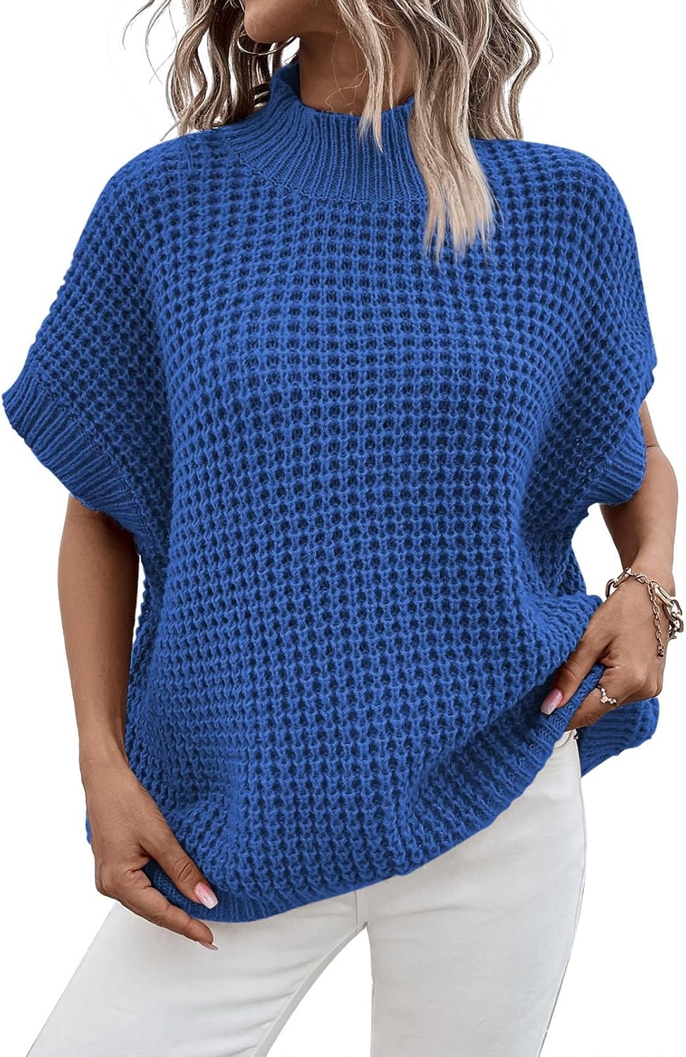 Viottiset Womens Oversized Short Batwing Sleeve Mock Neck Sweater Vest Fall Slee...