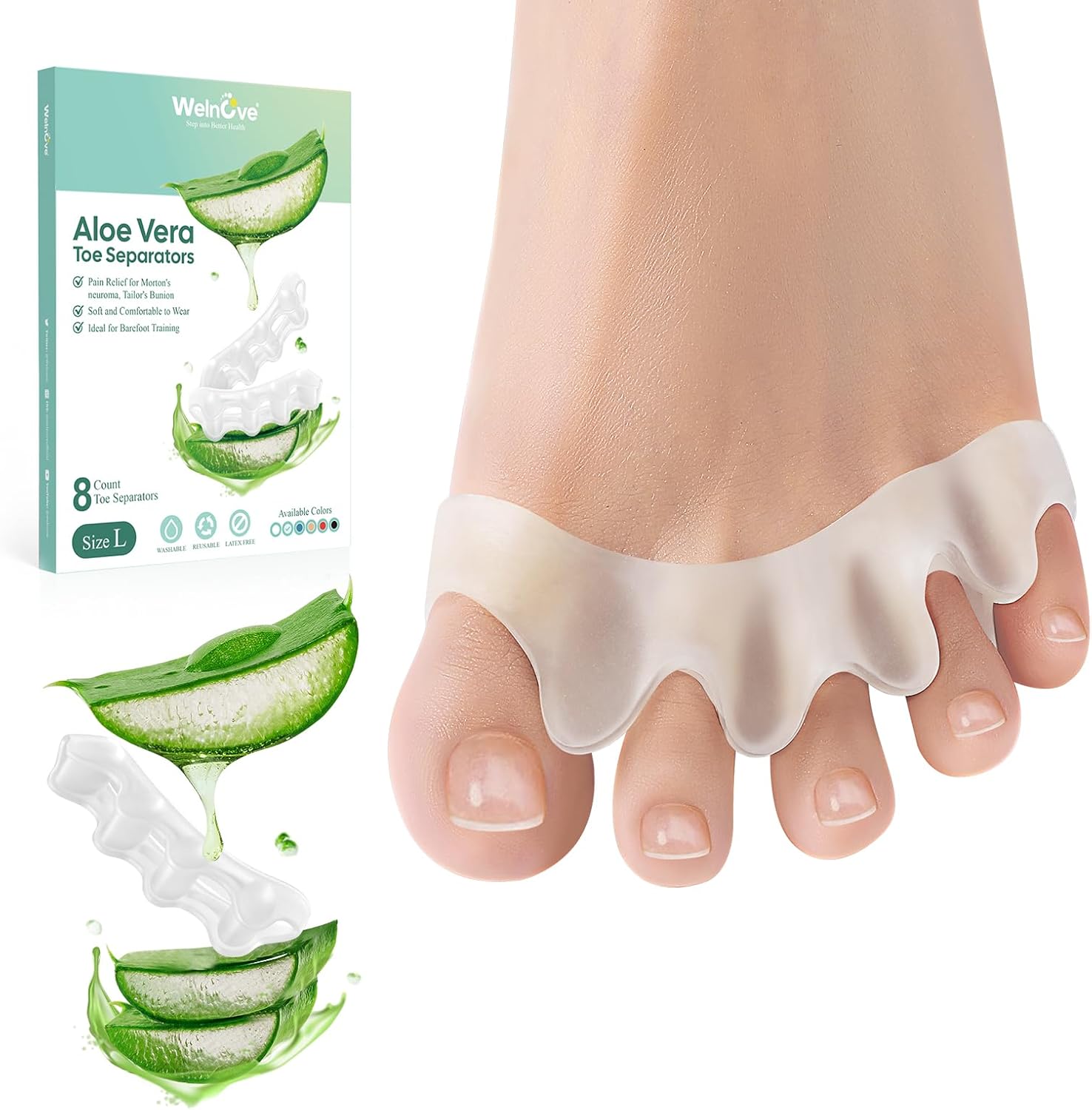 Welnove Toe Spacers - 8 Pack Silicone Toe Spacers to Correct your Toes - Aloe Ve...
