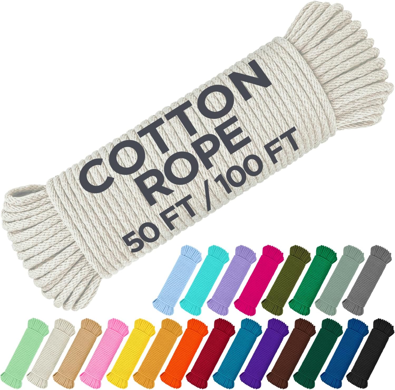 TECEUM Cotton Rope 3/16” (5 mm) – 100 FT – Strong All-Purpose Braided Rope – Nat...
